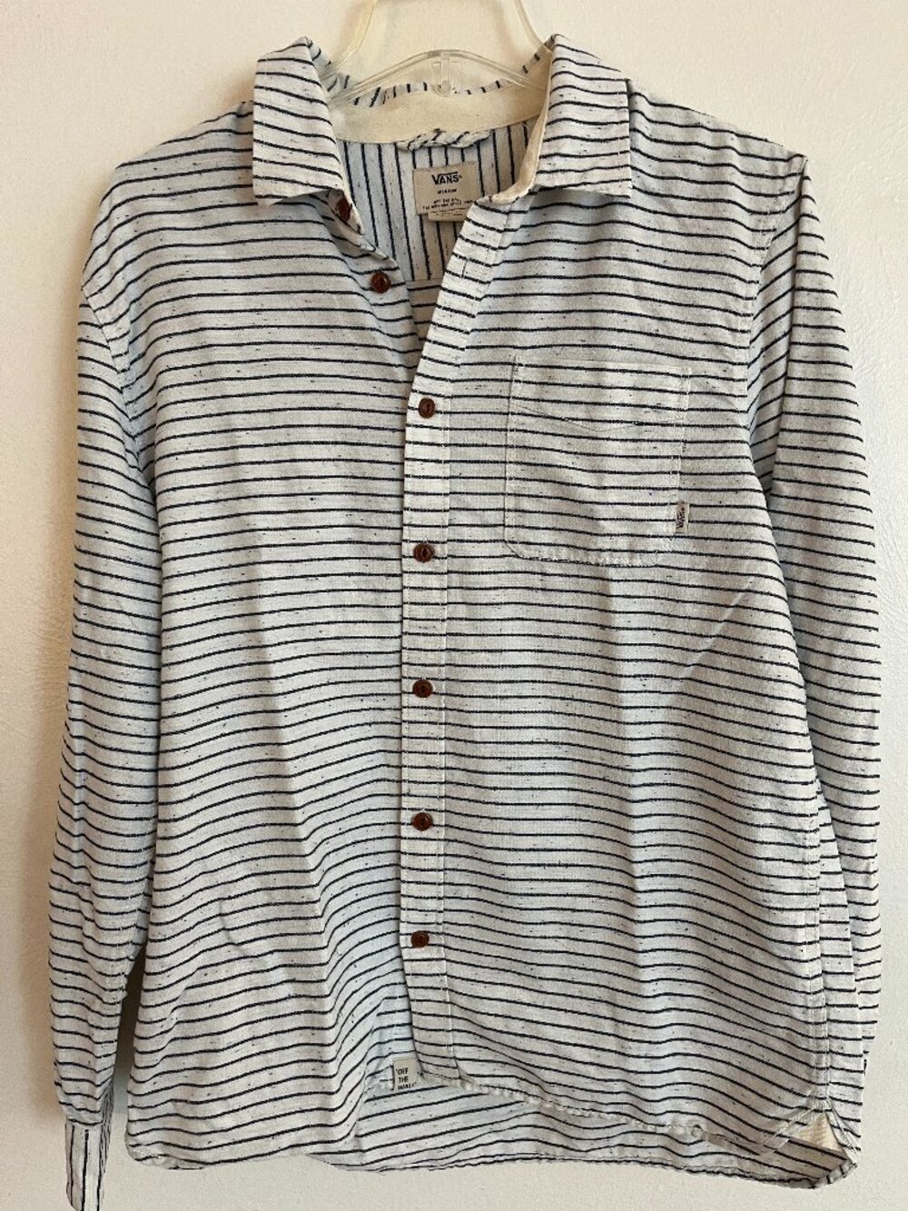 Vans Men's Cotton Shirt Long Sleeve White Navy Striped Size M Classic Casual